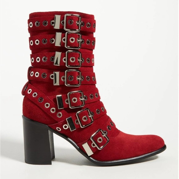 Jeffrey Campbell Shoes - NEW Jeffrey Campbell Suede Bootie Metal Buckled Dark Red Silver Black Size 6.5